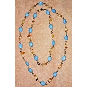 Vintage Two Strands Blue Beaded Necklace Pearl Stone Costume Clasp Orange